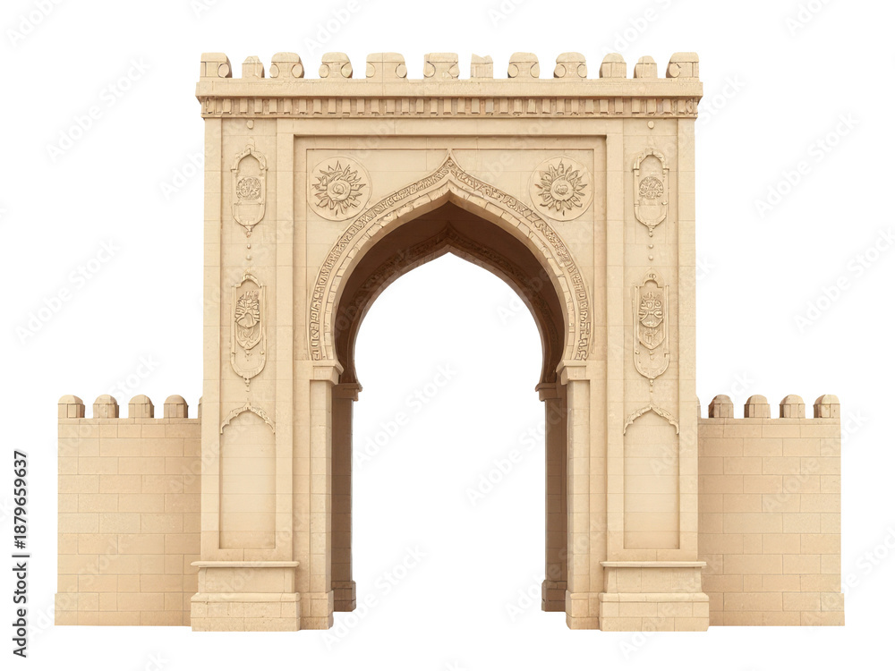 Obraz premium A large stone arch with a clock on top, ideal for use in architectural or historical contexts