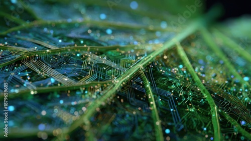Abstract green leaf with digital circuits