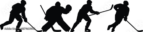Silhouettes of ice hockey athletes skating, stick handling and defending with a goalie, illustrating competitive winter team sport action and dynamic athletic movement on the rink.