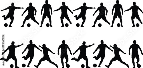 Silhouettes of soccer players in action performing dribbling, passing and kicking movements with footballs, illustrating athletic competitive team sport skills and dynamic physical gameplay.