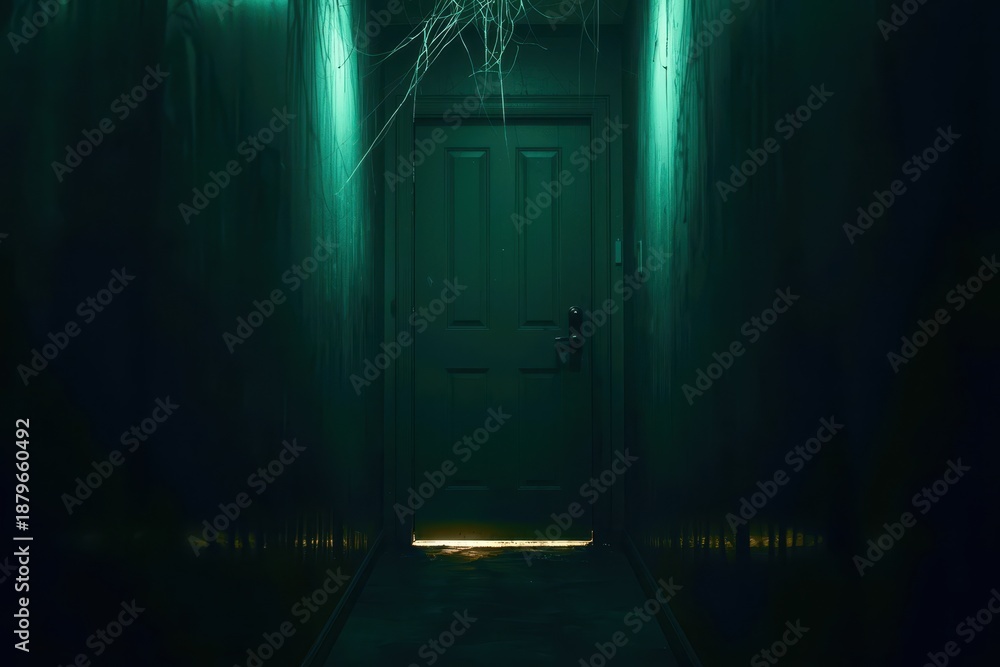 Naklejka premium A dark hallway with a door in the middle