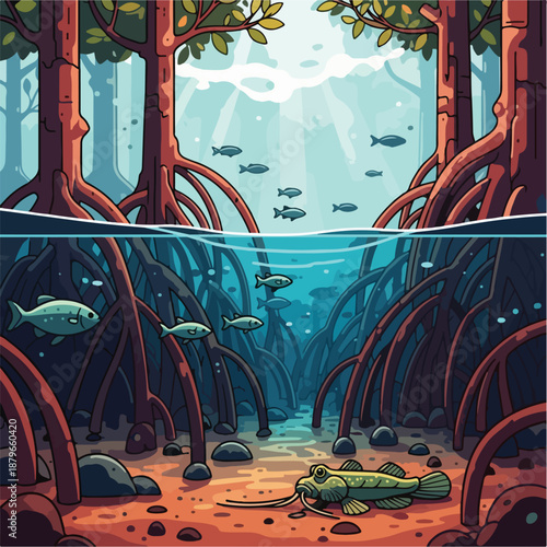 Digital illustration of a serene underwater scene with fish swimming among the roots of mangrove trees in a vibrant, tropical ocean environment with sunlight filtering through the water.