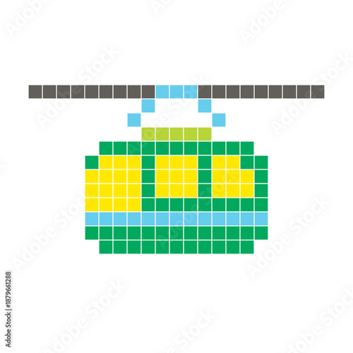 A flat pixel design made of geometric square color blocks on a clean icon layout. Pixel art gondola lift