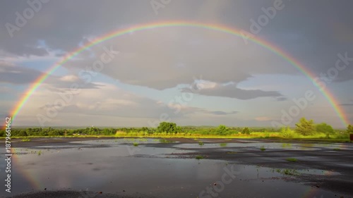 Vibrant Rainbow Arching Over Serene Lake and Green Landscape Under Cloudy Sky.