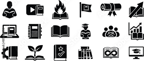 Education Icon Set Minimal black solid symbols for learning, knowledge, school and academic concepts icons, education, learning, school, knowledge, academic
