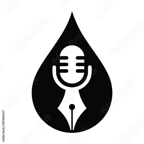 Black microphone and fountain pen nib in a teardrop shape icon symbol icon
