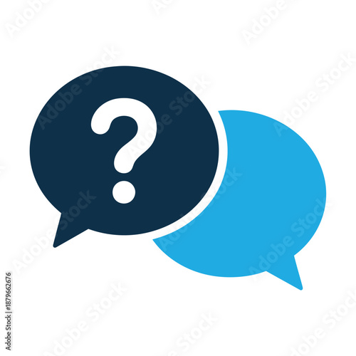 Two blue speech bubbles with question mark in dark bubble on white background icon