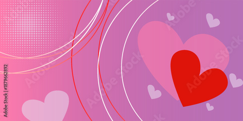 Valentines Day greeting banner with glass morphism effect. 3D red, pink, gold hearts, soft purple background, and heart shape made of matte translucent glass with sparkling edges. Vector illustration
