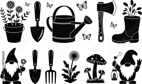 Black and white gardening gnomes and tools shovel rake