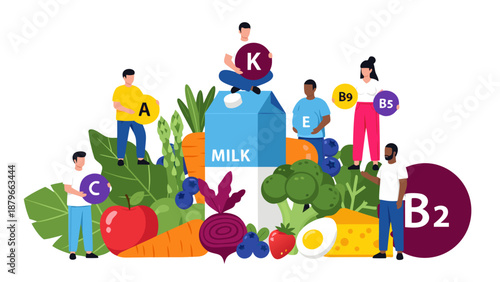 Healthy Lifestyle Vector Illustration of Vitamins A, C, E, K, B2, B5 in Food