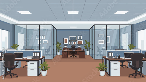 Modern office interior vector illustration with workstations and meeting room