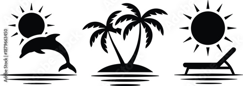 Black and white sun beach relaxation scene with dolphin and palm tree