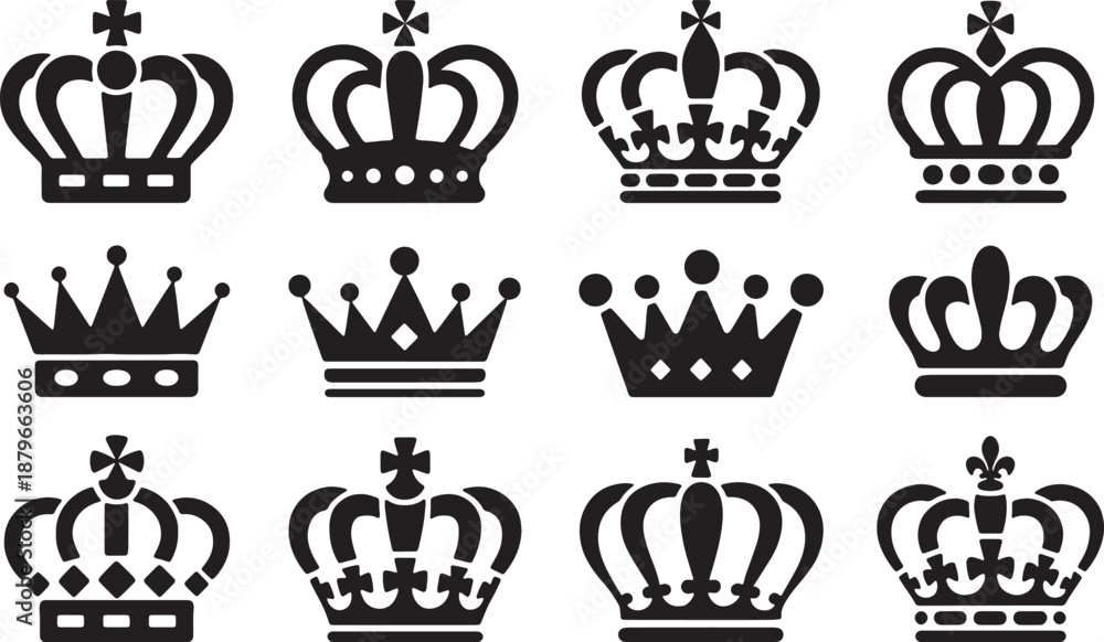 Naklejka premium Collection of elegant royal crown designs in monochrome