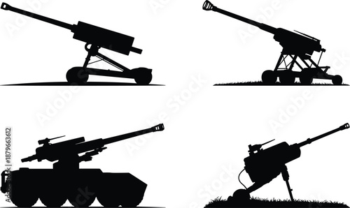 Black Silhouettes of Artillery and Military Vehicles