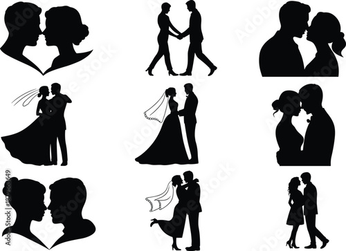 Black silhouettes of couples in various romantic poses