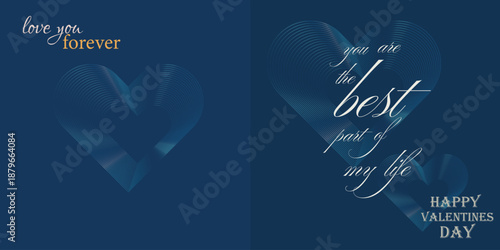 Print Elegant Valentine’s Day gift card with Abstract Heart smooth Line Art   on a deep blue background