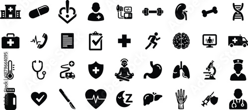 Healthcare App Icon Set – Minimal Solid Medical Interface Design with Hospital, Doctor, Heart, Medicine, Emergency, Health Keywords

