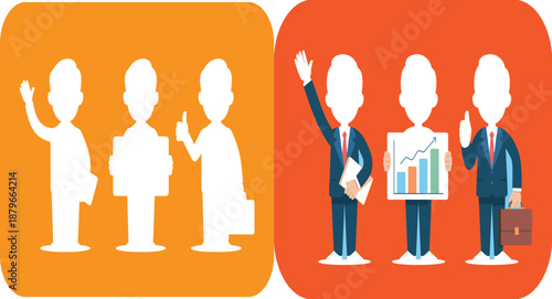Business people transformation vector illustration showing anonymous silhouettes changing into professional team with charts, documents, and corporate success concept