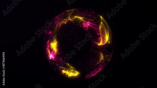 Vivid pink and yellow particle sphere with swirling plasma energy and glowing light trails forming a dynamic futuristic orb for digital art, VJ loops and tech visuals.