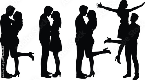Silhouettes of couples dancing in various romantic poses