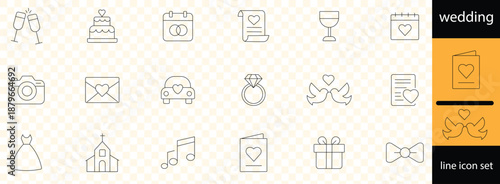 Wedding. Newlyweds' holiday, wedding, love. Bride, groom, lovers, wedding rings, wedding car, cake. Outline icon collection. Conceptual pictogram