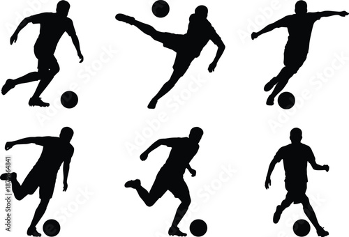 Silhouettes of soccer players kicking a ball in action