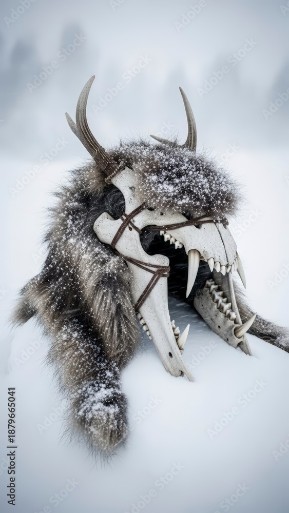Naklejka premium Fierce Snowy Wolf with Antlers Portrait.