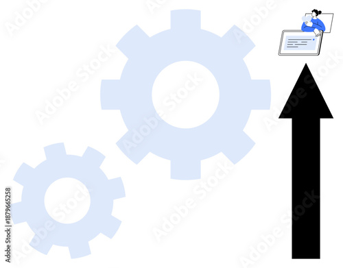 Business workflow concept. Business workflow illustrated with gears, upward arrow, and a worker at a laptop. Business workflow enhances productivity, automation, and consistent growth. For process