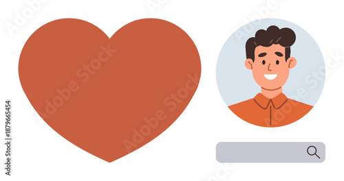 Online dating, social networking, identity verification, user profiles, matchmaking, digital communication. A heart, male avatar and search bar. Online dating and social networking