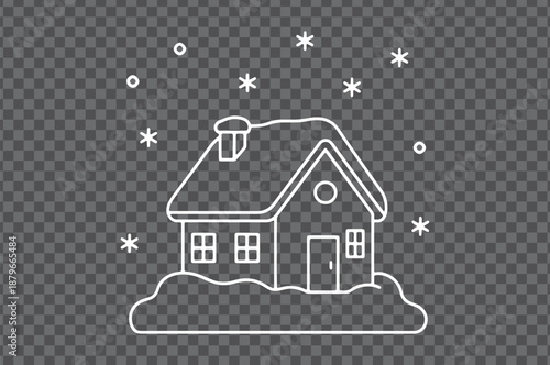 Minimalist line art illustration of a winter house scene with snow on the roof and ground. Home sweet home icon.