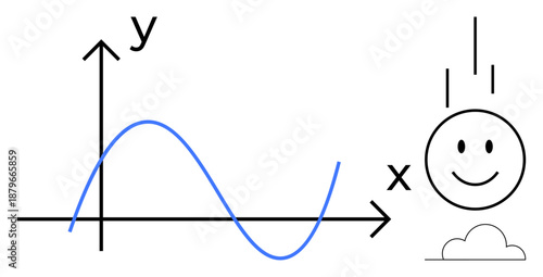 Mathematical graph. A sinusoidal wave on an x-y axis s mathematical functions. Smiling face adds conceptual creativity. For education, physics, graphic design, teaching, conceptual art