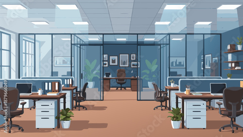 Modern office interior vector illustration with workstations, meeting room, and professional workspace