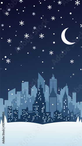 A vector illustration of a snowy city skyline at night with a crescent moon and falling snowflakes, ideal for holiday themes