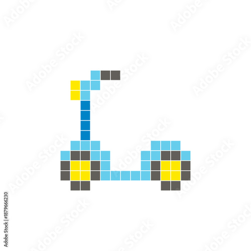 A flat pixel design made of geometric square color blocks on a clean icon layout. Pixel art kids scooter