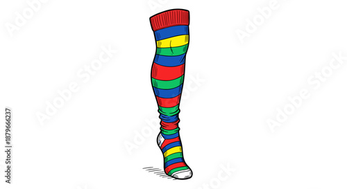 Colorful striped thigh sock isolated on a white background, featuring vibrant red, blue, and green patterns with a playful and fun design