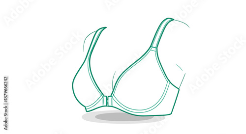 Illustration of a front clasp bra with green outlines, isolated on a white background, showcasing minimalist design and modern style