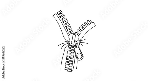 Illustration of a stuck zipper on a pouch isolated on a white background with detailed line art