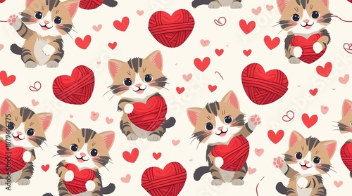 A seamless pattern of adorable kittens playing with heart-shaped red yarn balls. 