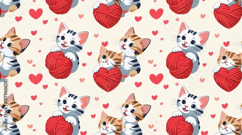 A seamless pattern of adorable kittens playing with heart-shaped red yarn balls. 