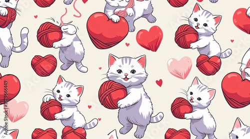 A seamless pattern of adorable kittens playing with heart-shaped red yarn balls. 