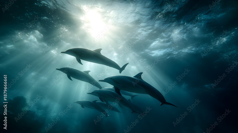 Fototapeta premium Dolphins swimming in formation underwater with sunlight filtering through ocean waves showcasing marine life and aquatic beauty in a natural setting