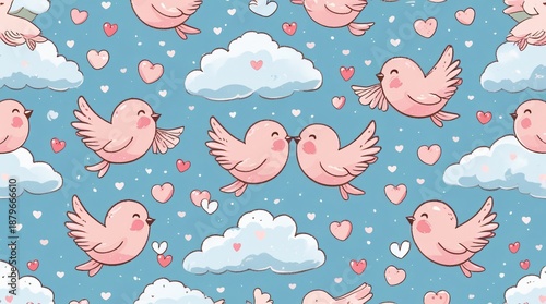 A whimsical seamless pattern of tiny round birds kissing, with heart-shaped wings, floating among soft fluffy clouds and small raindrops of hearts.