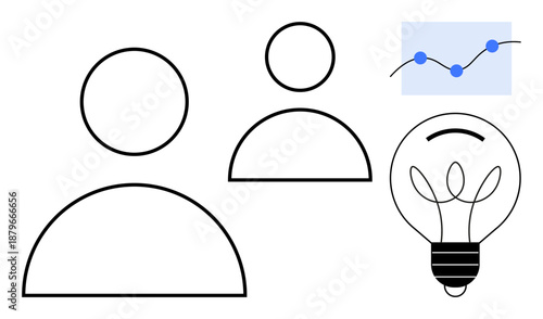 Business planning, innovation, teamwork, user analysis, data growth, creativity. Minimal line icons of users, a light bulb and a data trend graph. Business planning and innovation concepts