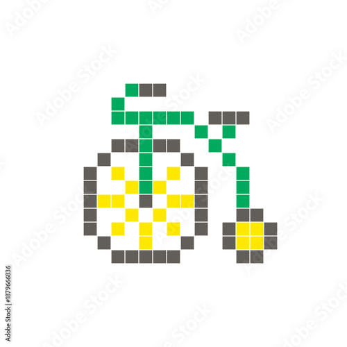 A flat pixel design made of geometric square color blocks on a clean icon layout. Pixel art penny farthing bicycle