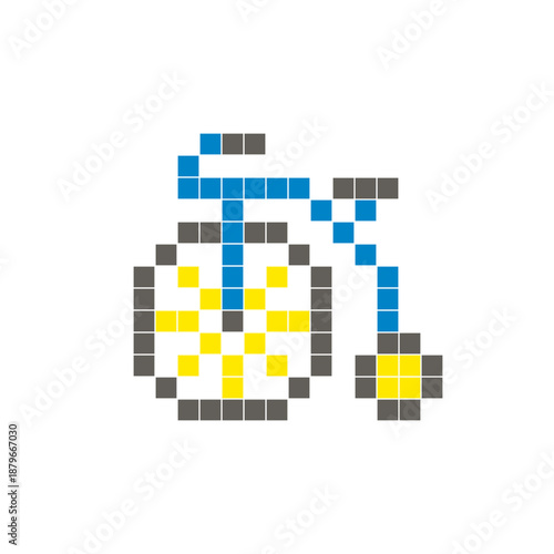 A flat pixel design made of geometric square color blocks on a clean icon layout. Pixel art penny farthing bicycle