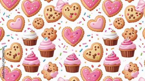 A delicious seamless pattern of heart-shaped cookies, cupcakes with pink frosting, and colorful sprinkles.