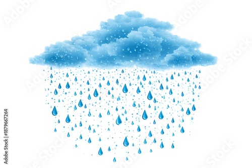 Clipart of a bright blue rain cloud with stylized falling droplets for weather design
