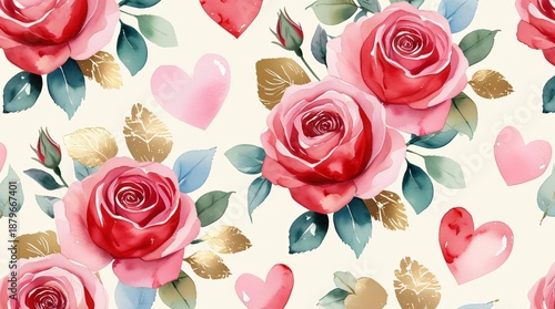 A lush seamless pattern featuring soft watercolor red roses and pink hearts with gold leaf accents.