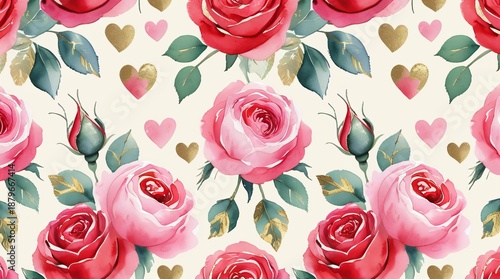 A lush seamless pattern featuring soft watercolor red roses and pink hearts with gold leaf accents.
