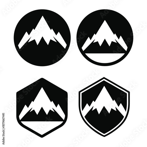Diverse collection of mountain range emblems presented in various geometric shapes for versatile design applications